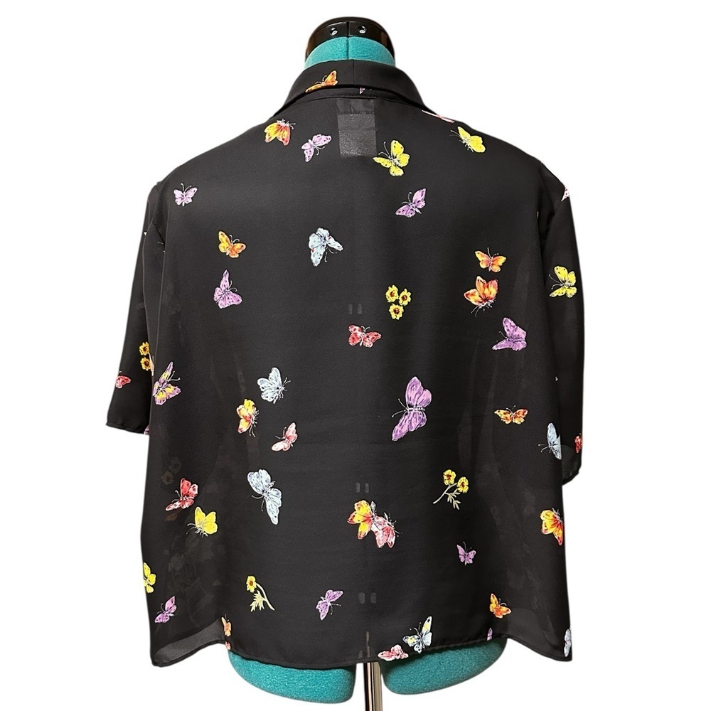 Positive Attitude Black Sheer Cropped Shirt Butterflies Flowers Top Size L/XL - Picture 2 of 9